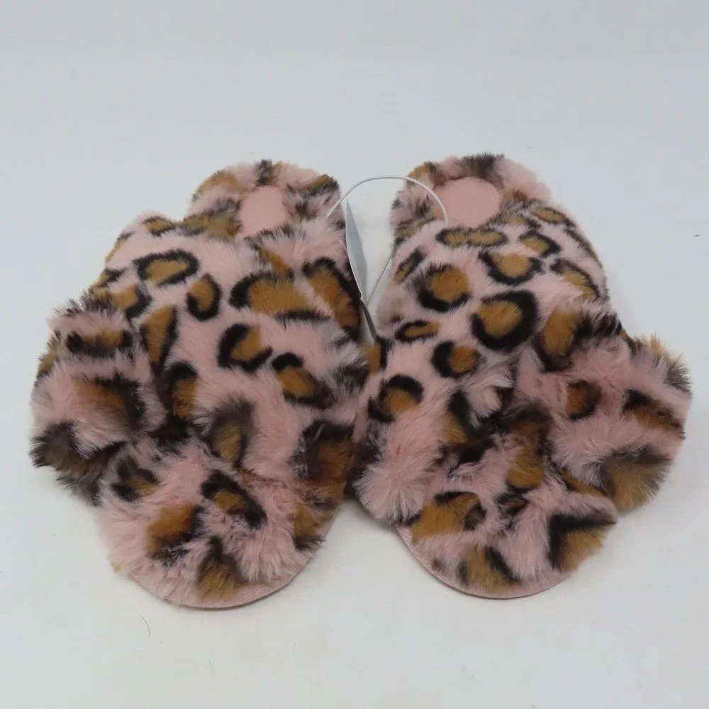 Cat & Jack‎ Girls Pink Leopard Faux Fur Criss Cross Slippers Medium 2/3 Brooklyn